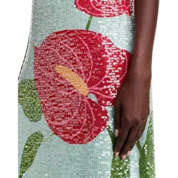 $450 NWOT Farm Rio Blue Sequins Anthurium Flowers Slip Maxi Dress Size S - Picture 5 of 16
